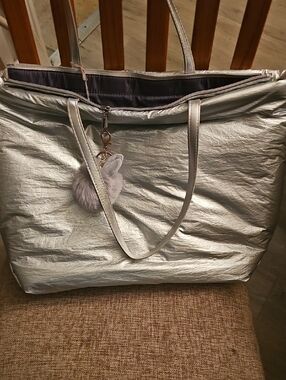 a new day Silver Metallic Tote with Pom Charm